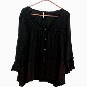 Free People Black Long Sleeve Flowy Top, Size Large